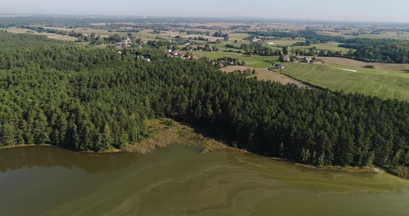 Green natural woodland pine tree forest in Kashubian Lake, Poland. Cinematic aerial landscape