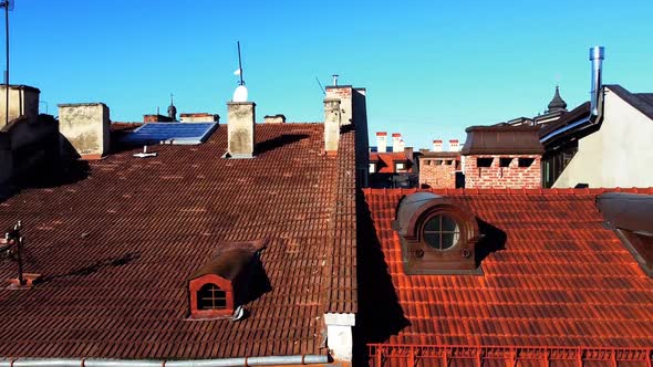 Facade of a European city building. Elements of architecture. Aerial drone view.