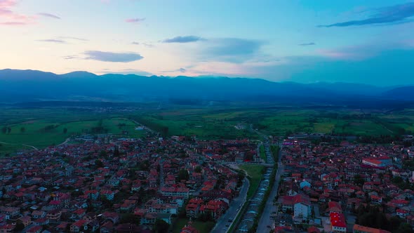 Panoramic Aerial View Of Ski Resort In Twilight