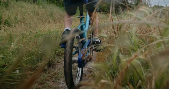 Child Boy Ride on Bicycle at Country Road Across Agricultural Field