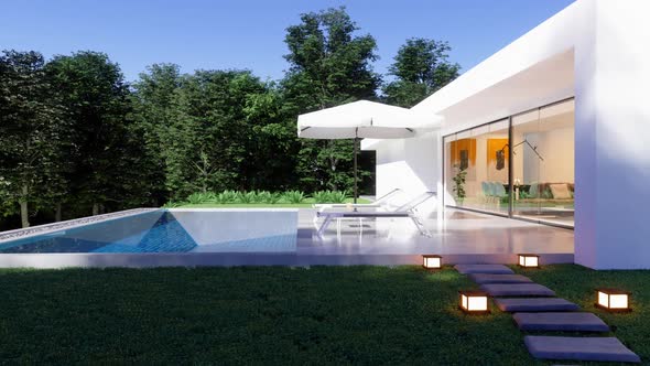 Exterior Of Luxurious Modern House With Swimming Pool, Deck Chairs And Trees