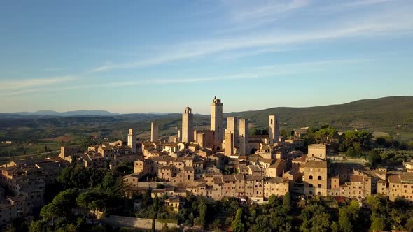 San Gimignano town in Tuscany Italy panorama of the tower structures including Torre Grossa, Aerial