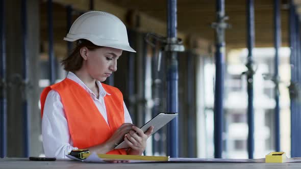 Engineer or Architect working at Construction Site. A woman with a tablet at a construction site.