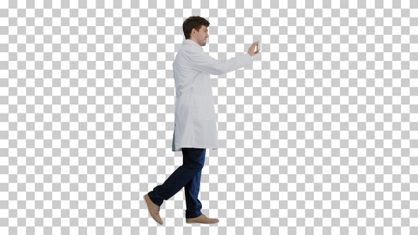 Smiling male doctor with stethoscope walking, Alpha Channel