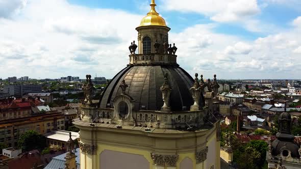 Aerial drone view of a flying over the Catholic Cathedral