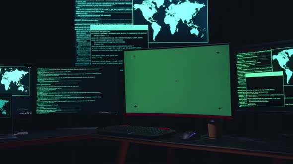 Isolated Mock-Up Green Screen And Code On Multiple Computer Screens, Cyber Attack