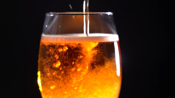 Pour Light Beer Into a Glass on a Dark Background
