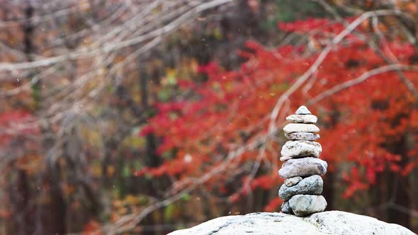 Autumn mood - red leaves, fallen leaves, and stone pagodas