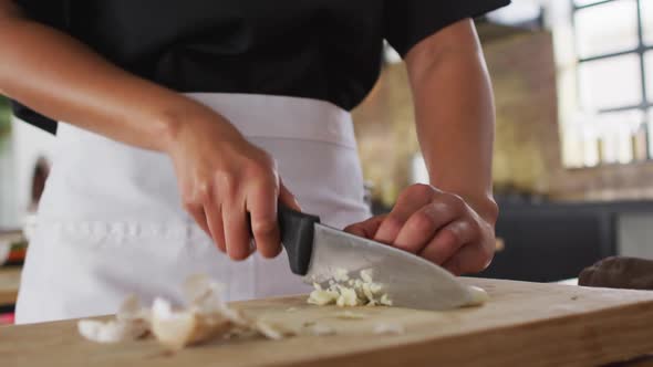 Mixed race female chef cutting vegetables