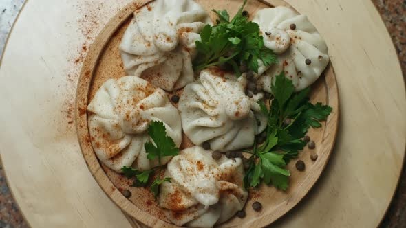 Spinning Plate of Delicious Khinkali Dumplings