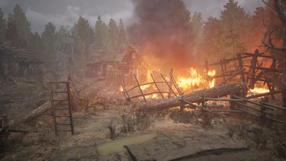 Burning Wooden House in Old Village alt