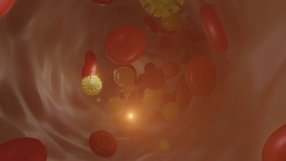 3D rendered visualisation of coronavirus in blood stream