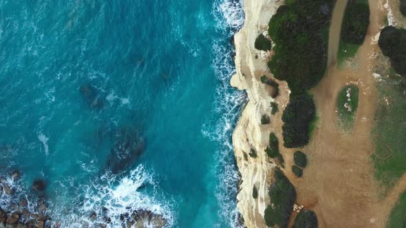 Beautiful Aerial Top View Landscape Pure Blue Ocean Water Waves Crash Mountain Cyprus