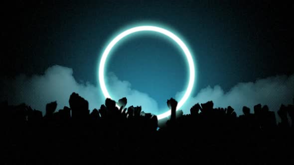 Animation of blue neon circle with dancing people in silhouette with arms up