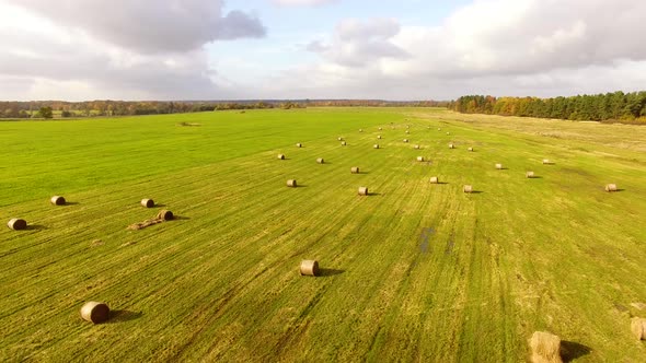 The tractor is stacking haystacks on an agricultural field in autumn, aerial view