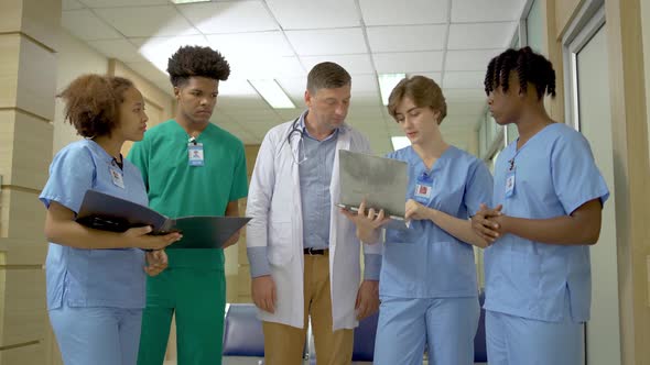 Male Doctor and Young Medical Interns have a discussing over documents in the hospital together