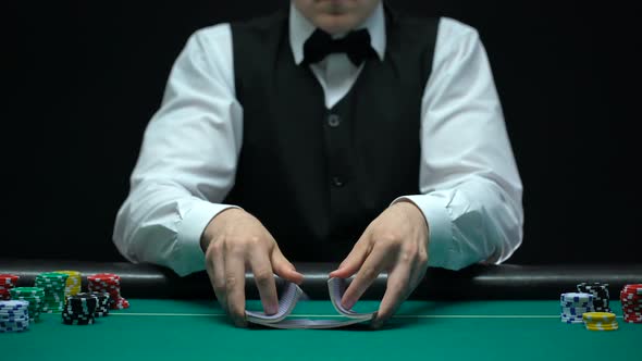 Casino Dealer Making Shuffling Tricks With Cards, Getting Ace, Lucky Poker Game