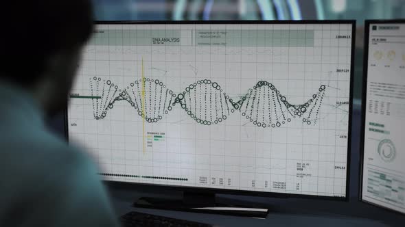 Doctor is Investigating the process of DNA analysis behind the computer screen alt