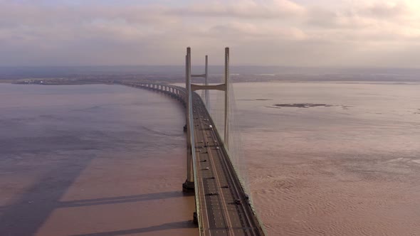 Vehicles Crossing the Second Severn Bridge Between England and Wales Aerial View