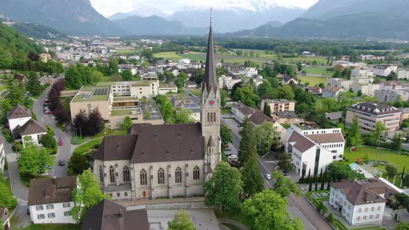 Aerial shot of Vaduz Cathedral (Cathedral of St. Florin), Liechtenstein, Europe