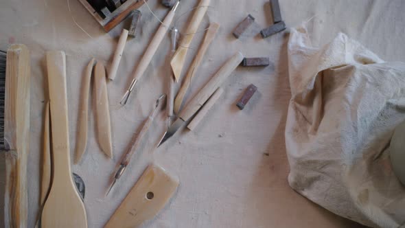 Different Potter's Tools on the Working Table