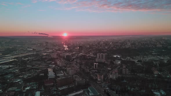 Hyperlapse of Chisinau at sunrise, drone view