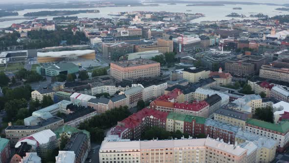 Aerial pan of Helsinki Finland colorful buildings city from above