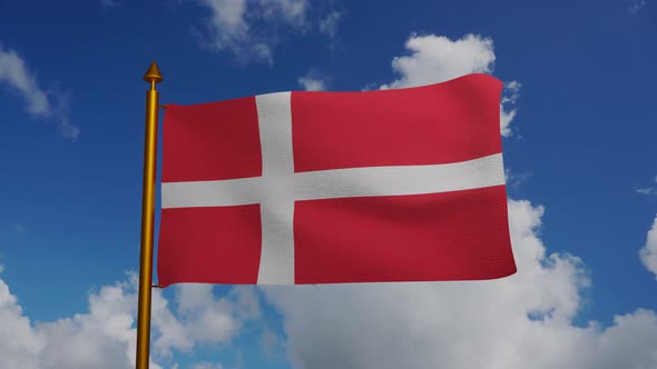 National flag of Denmark waving with flagpole and blue sky timelapse