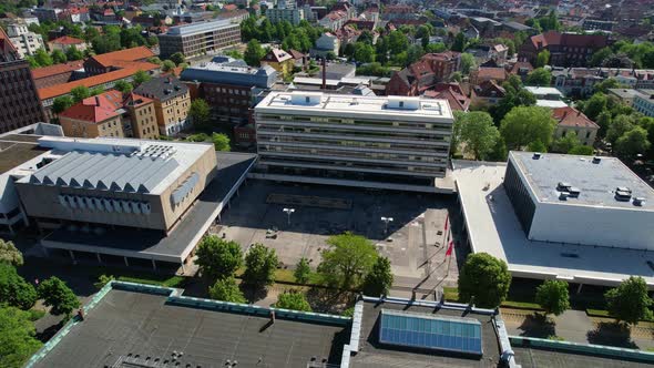 Rotating droneshot of the main Campus of +TU Braunschweig, Germany, on a sunny day.