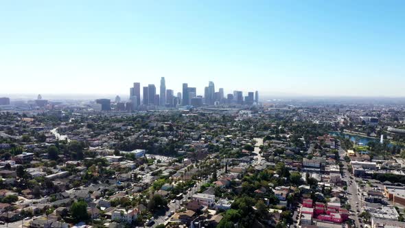 Beautiful drone shot of Los Angeles, California showing the city