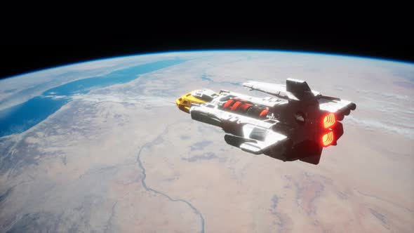 3D Illustration of a Spaceship in Orbit Around Planet Earth alt