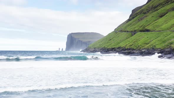 Beautiful Aerial View of Risin and Kellingin the Giant and the Witch View in the Faroe Island