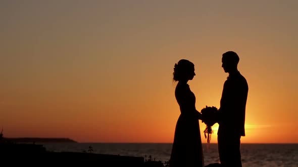 Young Couple Holding Hands Silhouette on a Sunset.