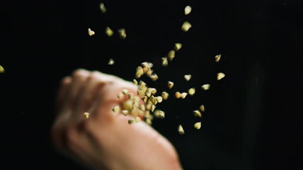 Closeup of Falling Down Green Buckwheat From the Fist of Hand on Glass Table on Black Background