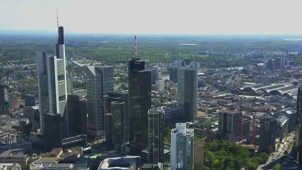 AERIAL: View on Frankfurt Am Main Skyline Sunshine