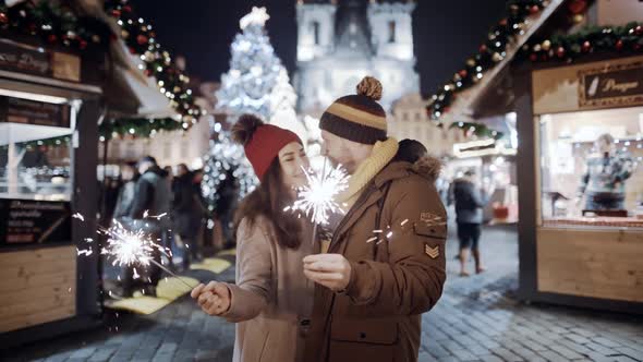 Two Lovers Kissing Colourful Night Lighting Urban Streets