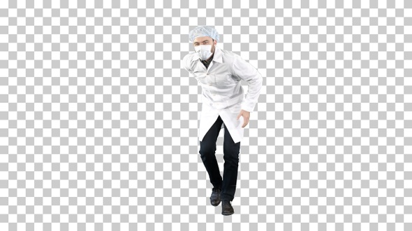 Doctor wearing his uniform and wearing a mask he is walking