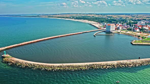 Entrance to port in Darlowek in Baltic Sea, aerial view