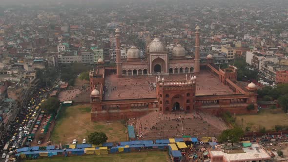 New Delhi, India, "Jama Masjid" mosque 4k aerial drone video