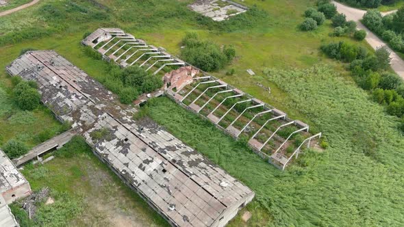 aerial view of abandoned building in rural europe. 4K stock video of old buildings.