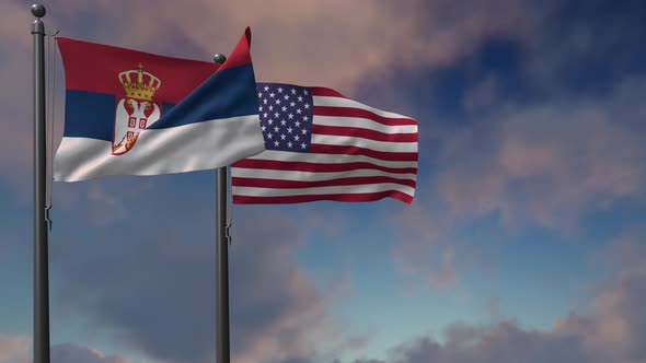 Serbia Flag Waving Along With The National Flag Of The USA - 4K