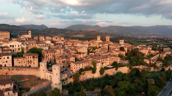 An aerial shot of Spello, an ancient town in Italy