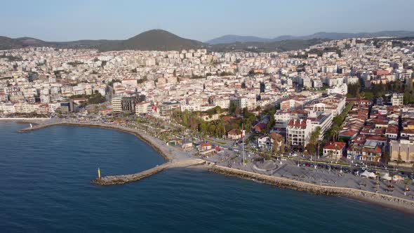 Panoramic View Of Kusadasi City Port On The Western Coast Of Turkey. Aerial Wide Shot