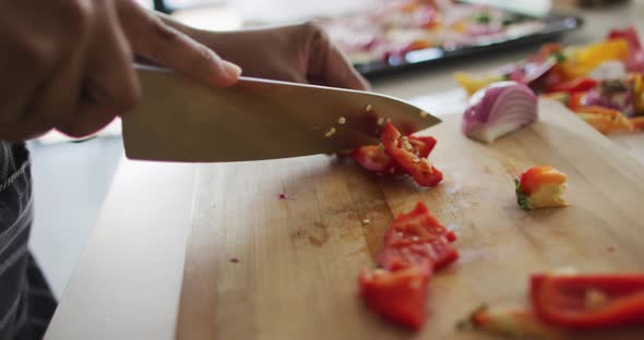 Mid section of african american woman preparing dinner in kitchen