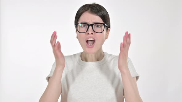 Angry Young Woman Screaming Loud on White Background