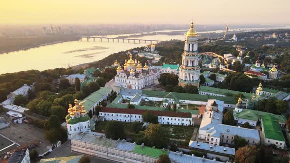 Kyiv, Ukraine: Aerial View of Kyiv-Pechersk Lavra in the Morning at Sunrise.