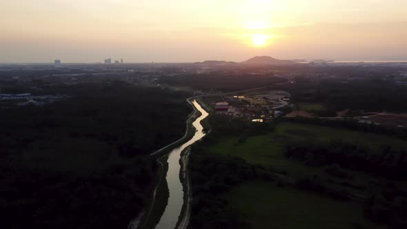 Drone view sunset over oil palm plantation