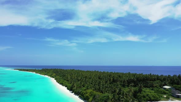 Aerial drone view landscape of tropical tourist beach trip by aqua blue lagoon with white sandy back