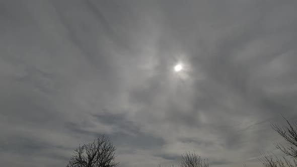 Time lapse: beautiful smoky clouds in sky are covering the sun.