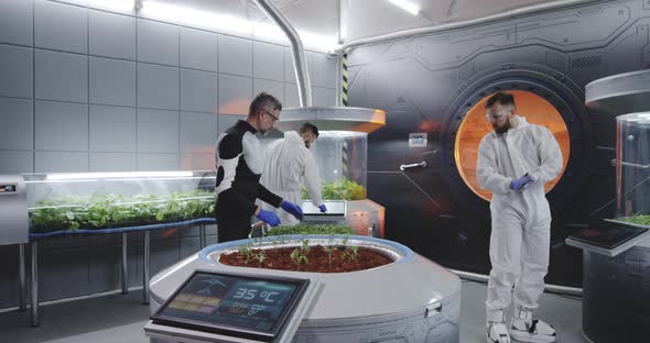 Scientist Planting Seedlings on Martian Base